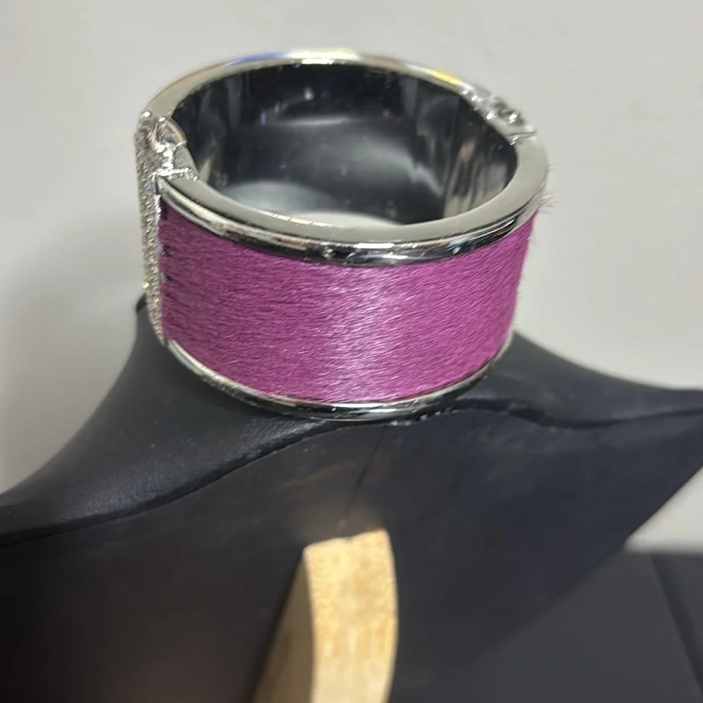 Ann Taylor Faux Fur Purple Elegant Silver Tone Rhinestone Hinge Chunky Bracelet